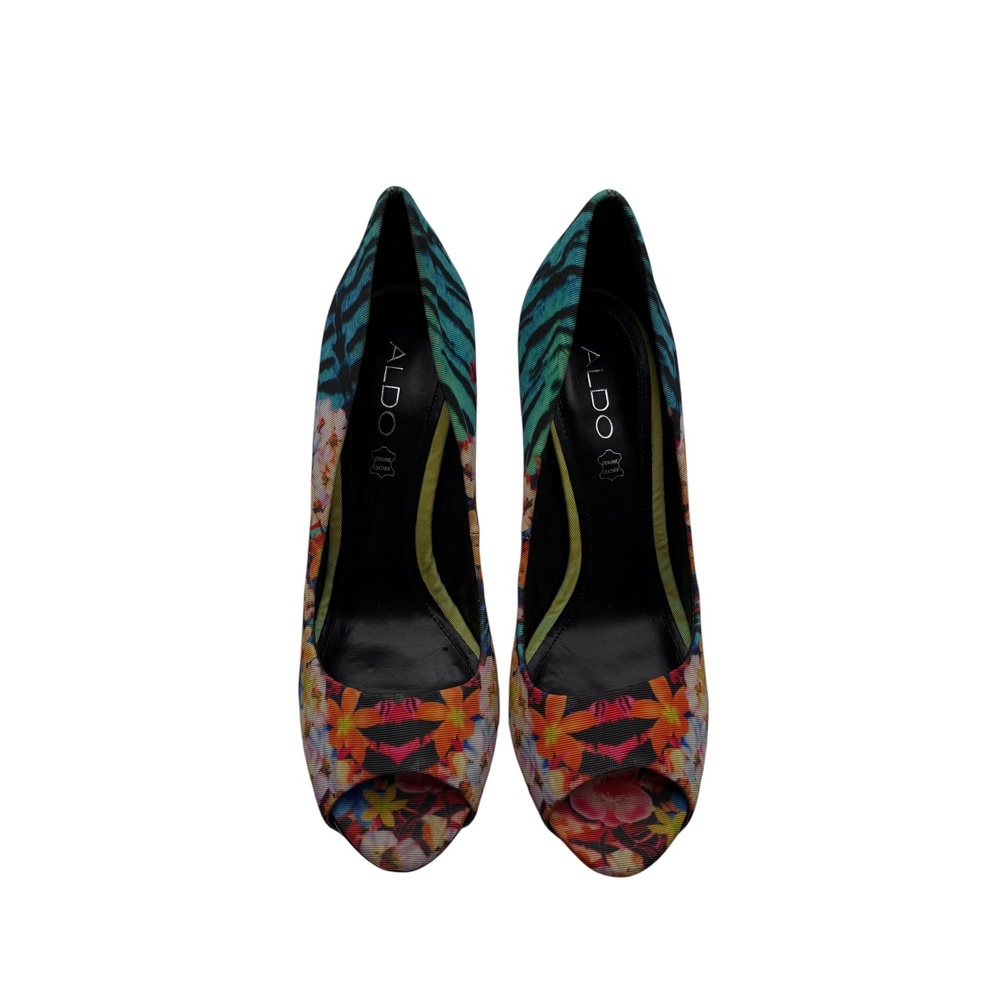Aldo Floral Tiger Stripe Peep Toe Platform Pumps Heels Multicolor Womens 39 - Picture 2 of 11
